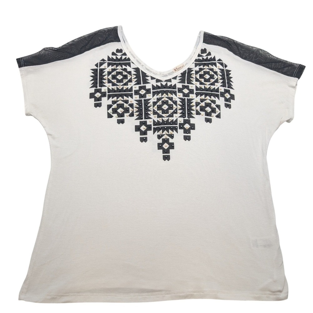 Vocal Graphic Top Women XL Off-White‎ Tribal Rhinestone Mesh Shoulder